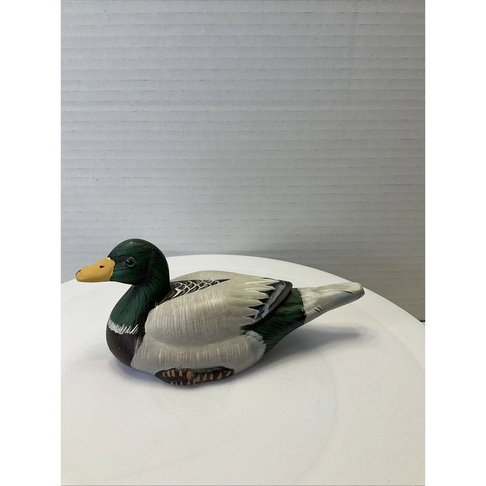 Ceramic Hand Painted Glass Eyed Mallard Duck Decoy Decor Green White 6
